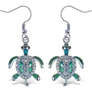 Sparkling Green Sea Turtle Drop Earrings Silver Tone Cute Ocean Animal Jewelry